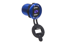 2x USB nabíječka s voltmetrem, hliníková do panelu, modrá, STM 34565B